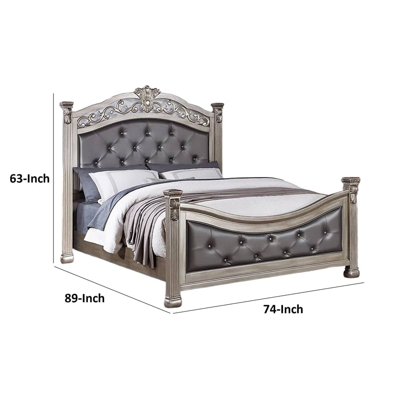 Benjara Jax California King Bed- Button Tufted Upholstered Headboard- Champagne