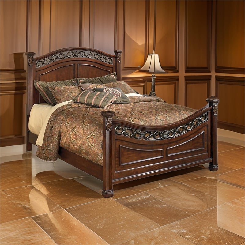 Benjara Aza Traditional Wood California King Bed-Leaf Carvings-Rich Cherry Brown