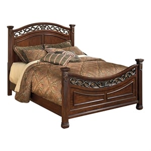 Benjara Aza Traditional Wood California King Bed-Leaf Carvings-Rich Cherry Brown