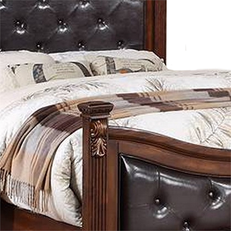 Benjara Jax California King Bed-Button Tufted Upholstered Headboard-Cherry Brown