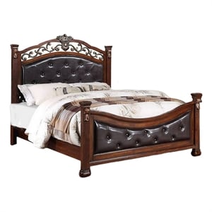Benjara Jax California King Bed-Button Tufted Upholstered Headboard-Cherry Brown