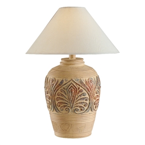Benjara Tia 29&quot Table Lamp- Conical Shade- Urn Shape- Damask Pattern- Beige