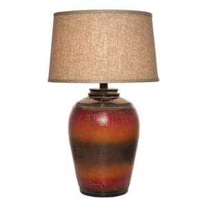 Benjara Ruhi 31&quot Table Lamp- Curved Pot-Multicolor- Drum Shade- Brown- Orange