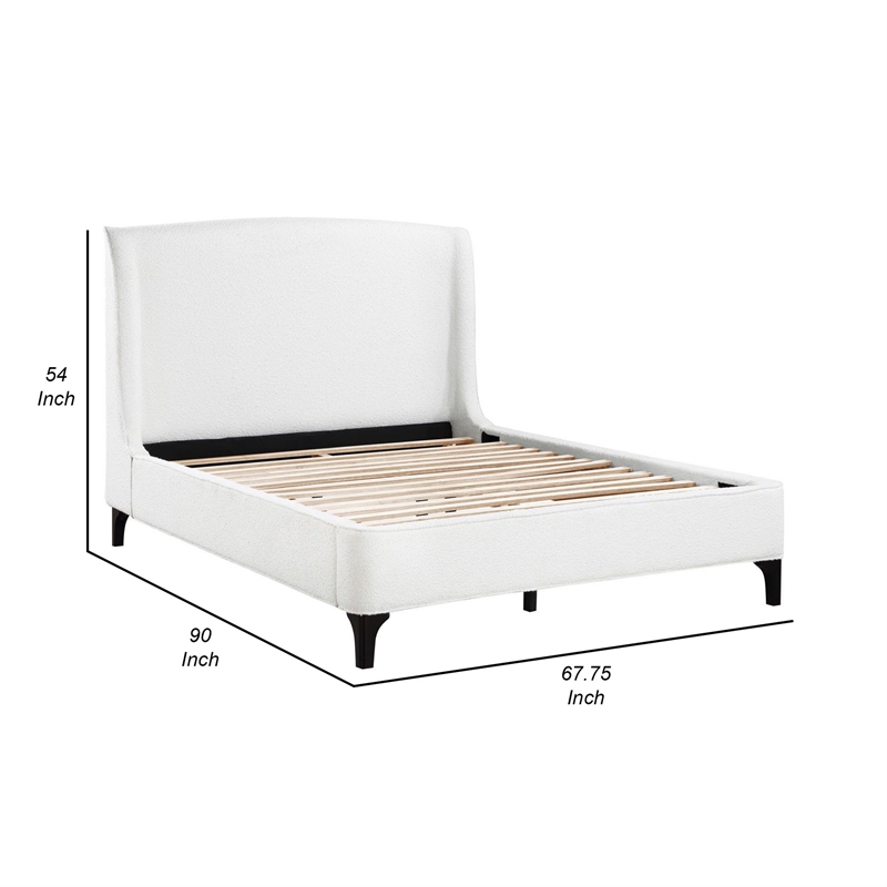 Benjara Mabe Queen Size Bed- Wingback Curved Headboard- White Fabric Upholstery