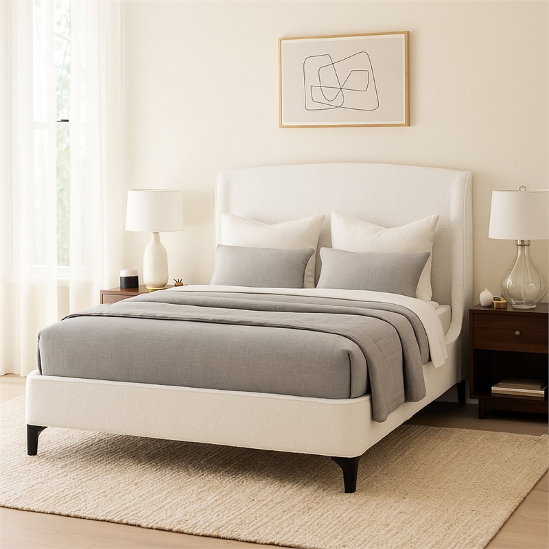 Benjara Mabe Queen Size Bed- Wingback Curved Headboard- White Fabric Upholstery