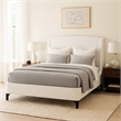 Benjara Mabe Queen Size Bed- Wingback Curved Headboard- White Fabric Upholstery