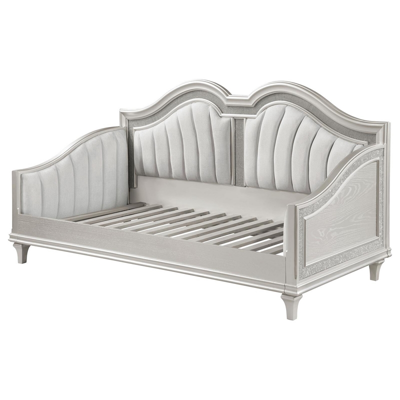 Benjara Nive Twin Daybed-Classic-Faux Diamond-Silver-Ivory Fabric Upholstered