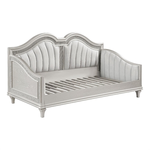 Benjara Nive Twin Daybed-Classic-Faux Diamond-Silver-Ivory Fabric Upholstered