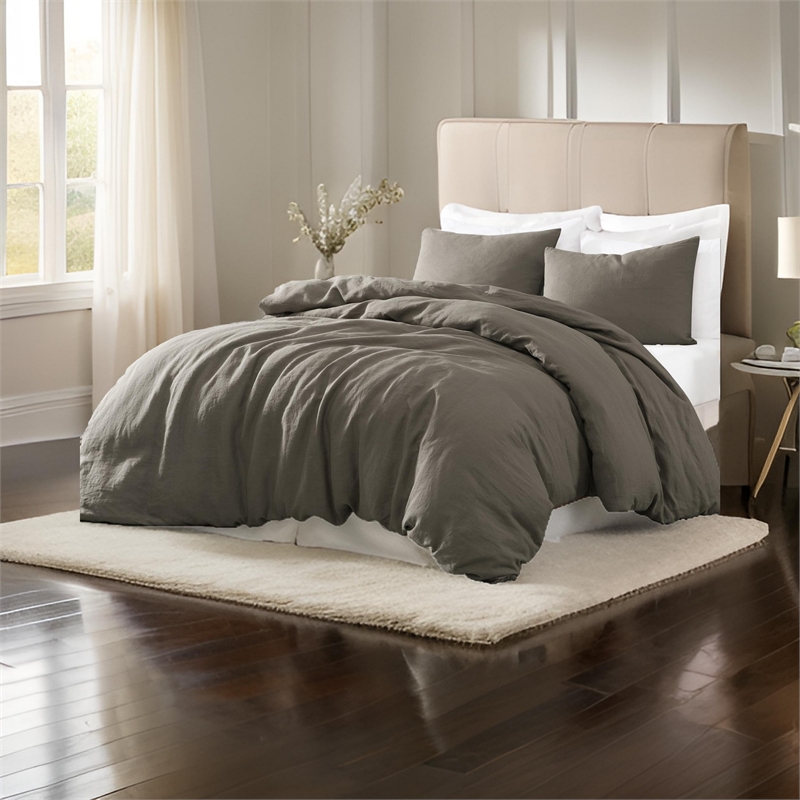 Benjara Edge 4 Piece King Size Duvet Comforter Set- Washed Linen- Charcoal Gray