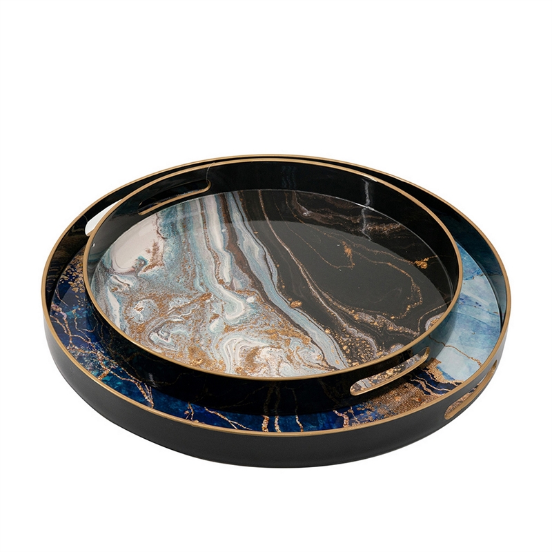 Benjara Set of 2 Round Decorative Trays- Tall Rims- Faux Marble- Blue/Gold