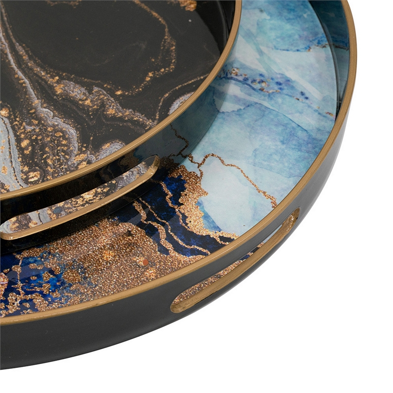 Benjara Set of 2 Round Decorative Trays- Tall Rims- Faux Marble- Blue/Gold
