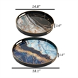 Benjara Set of 2 Round Decorative Trays- Tall Rims- Faux Marble- Blue/Gold