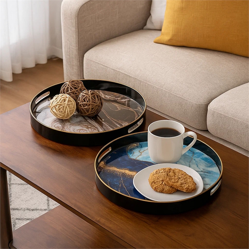 Benjara Set of 2 Round Decorative Trays- Tall Rims- Faux Marble- Blue/Gold