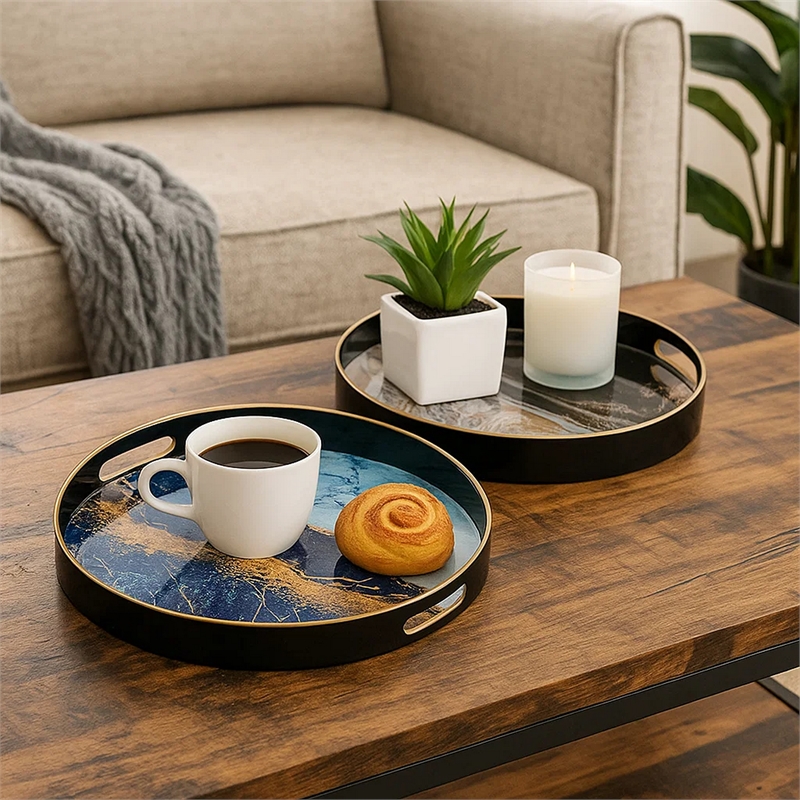 Benjara Set of 2 Round Decorative Trays- Tall Rims- Faux Marble- Blue/Gold