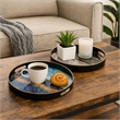 Benjara Set of 2 Round Decorative Trays- Tall Rims- Faux Marble- Blue/Gold