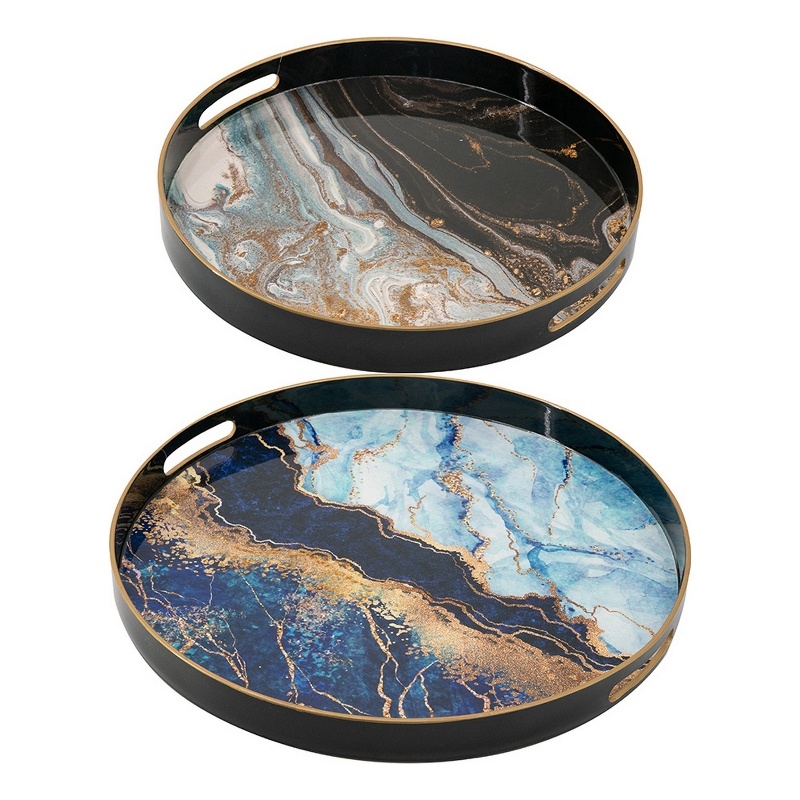 Benjara Set of 2 Round Decorative Trays- Tall Rims- Faux Marble- Blue/Gold