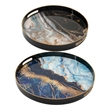 Benjara Set of 2 Round Decorative Trays- Tall Rims- Faux Marble- Blue/Gold