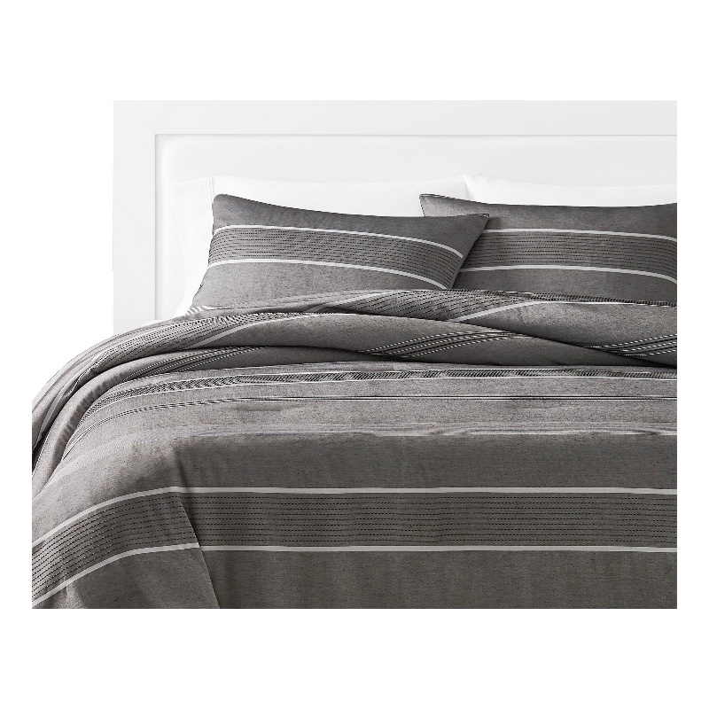 Benjara Arlo 3 Piece Queen Size Comforter Set- Striped Woven Jacquard- Soft Gray