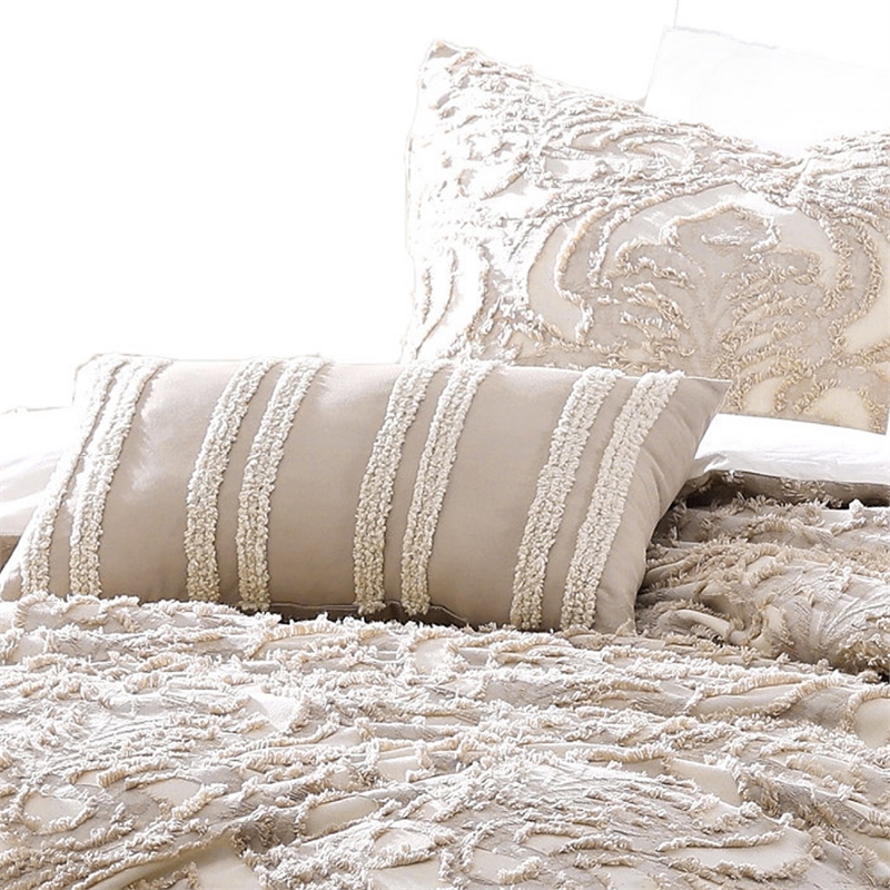 Benjara Kile Modern 6 PC Queen Size Duvet Comforter Set- Beige Medallion Pattern