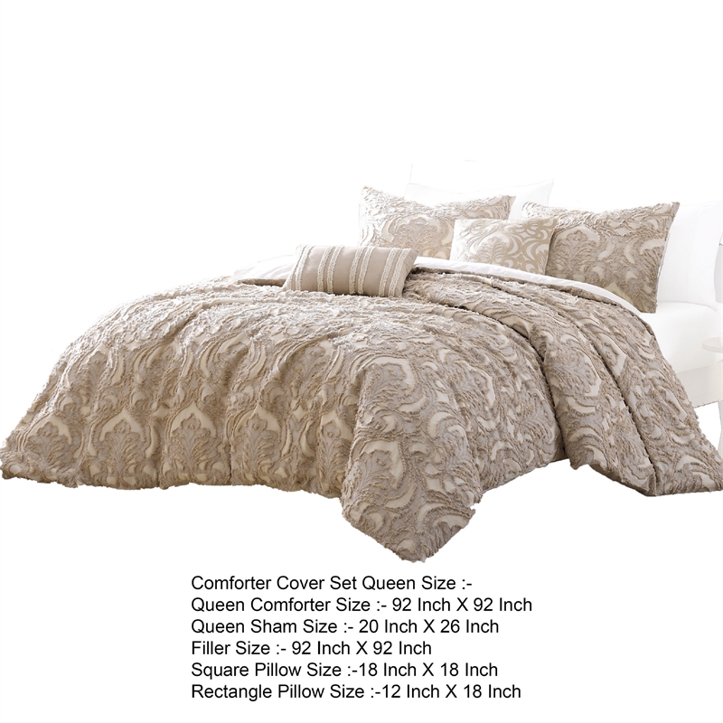 Benjara Kile Modern 6 PC Queen Size Duvet Comforter Set- Beige Medallion Pattern