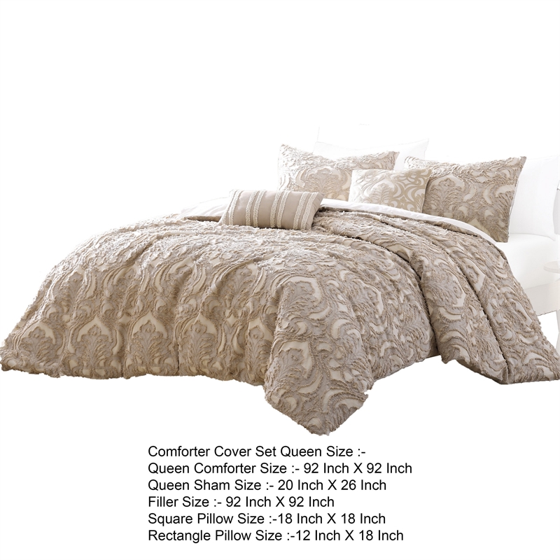 Benjara Kile Modern 6 PC Queen Size Duvet Comforter Set- Beige Medallion Pattern