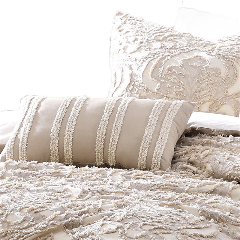 Benjara Kile Modern 6 PC Queen Size Duvet Comforter Set- Beige Medallion Pattern