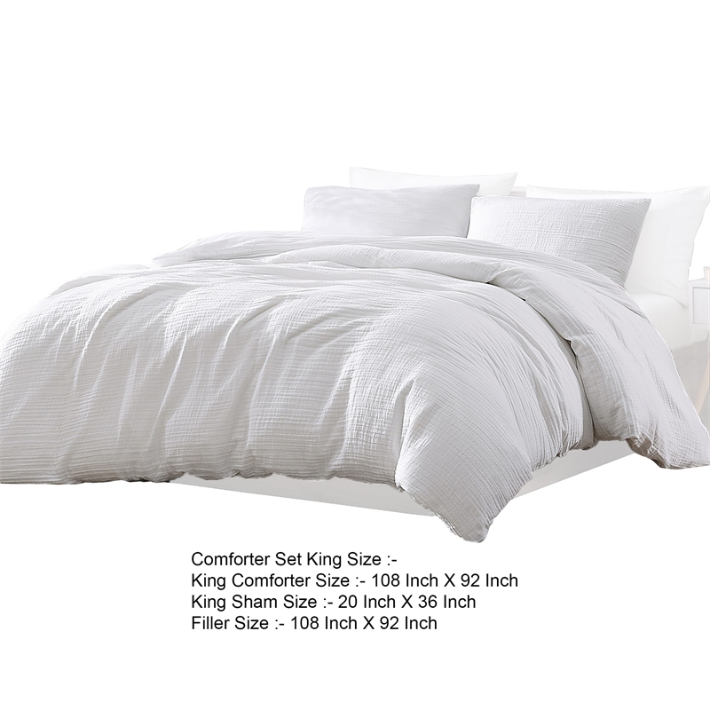 Benjara Uvi 3 Piece King Comforter Set- Cotton- Natural Crinkled Texture- White