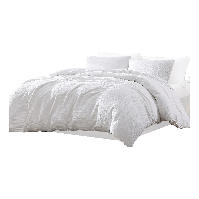 Benjara Uvi 3 Piece King Comforter Set- Cotton- Natural Crinkled Texture- White