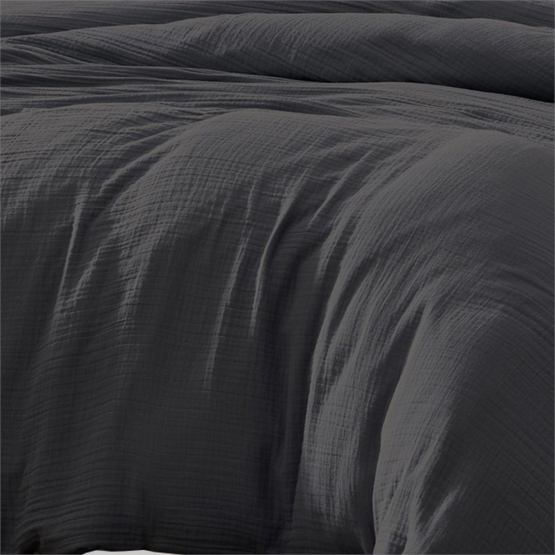 Benjara Uvi 3 Piece Queen Comforter Set- Cotton- Natural Crinkled Texture- Black
