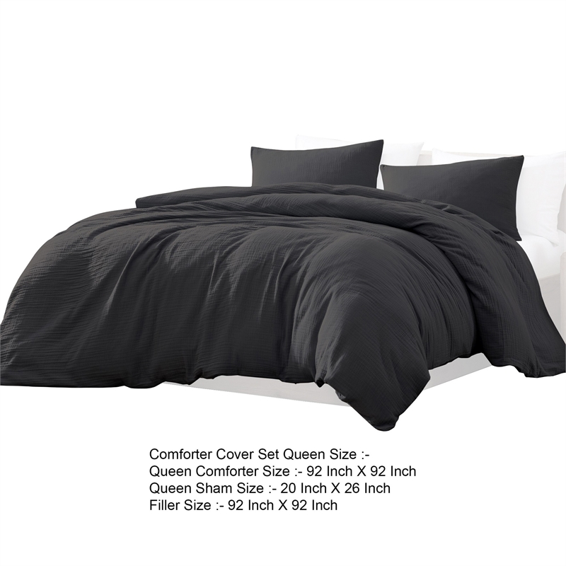 Benjara Uvi 3 Piece Queen Comforter Set- Cotton- Natural Crinkled Texture- Black