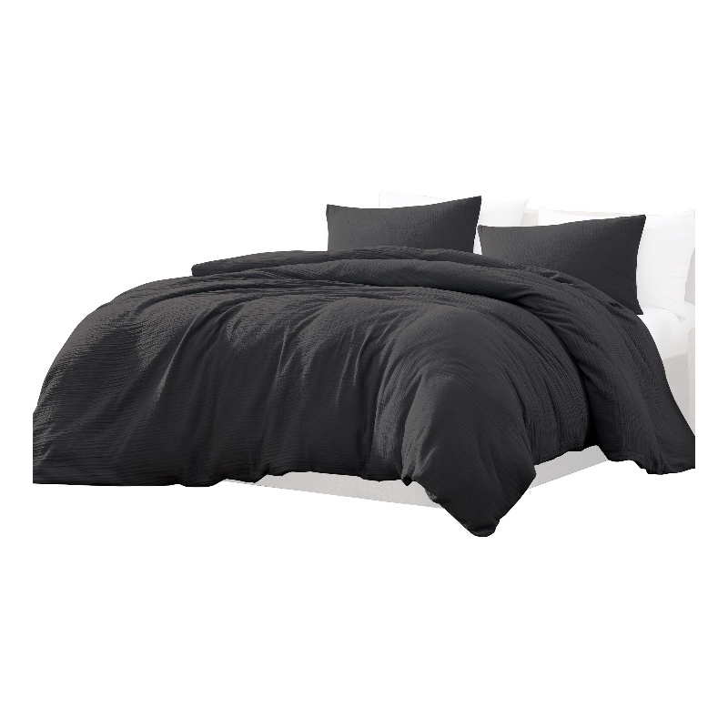 Benjara Uvi 3 Piece Queen Comforter Set- Cotton- Natural Crinkled Texture- Black