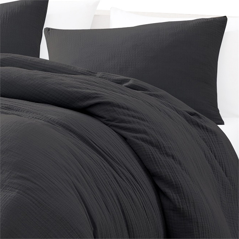 Benjara Uvi 3 Piece Queen Comforter Set- Cotton- Natural Crinkled Texture- Black