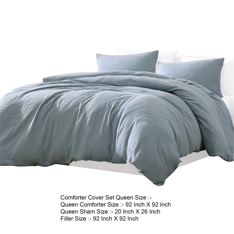 Benjara Uvi 3 Piece Queen Comforter Set- Cotton- Natural Crinkled Texture- Blue