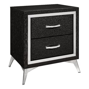 Benjara Haya 24&quot 2 Drawer Nightstand- Embossed Jet Black Wood- Silver Trim