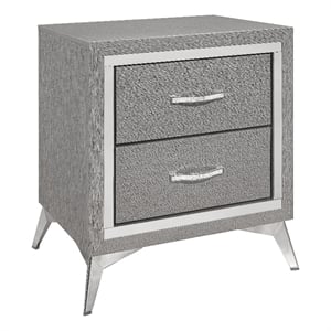Benjara Haya 24&quot 2 Drawer Nightstand- Embossed Smooth Gray Wood- Silver Trim