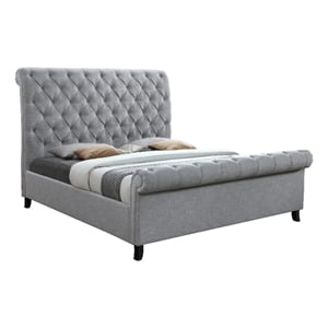 Benjara Magnolia King Size Bed- Tufted Upholstered Rolled Top Headboard- Gray
