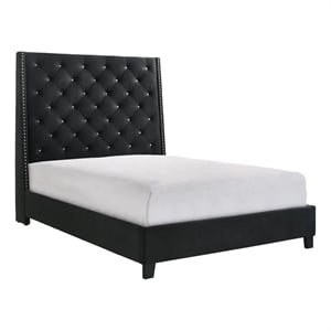Benjara Toer King Bed- 67&quot Tall Wingback Headboard Black Velvet Upholstery