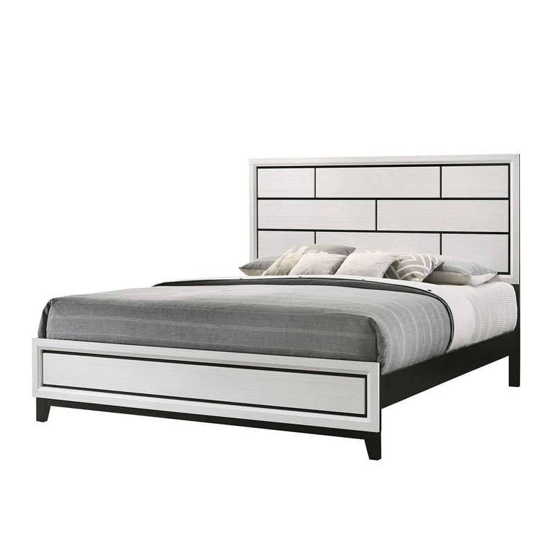 Benjara Asir King Size Bed- Geometric Panel Headboard- Modern White Wood Finish