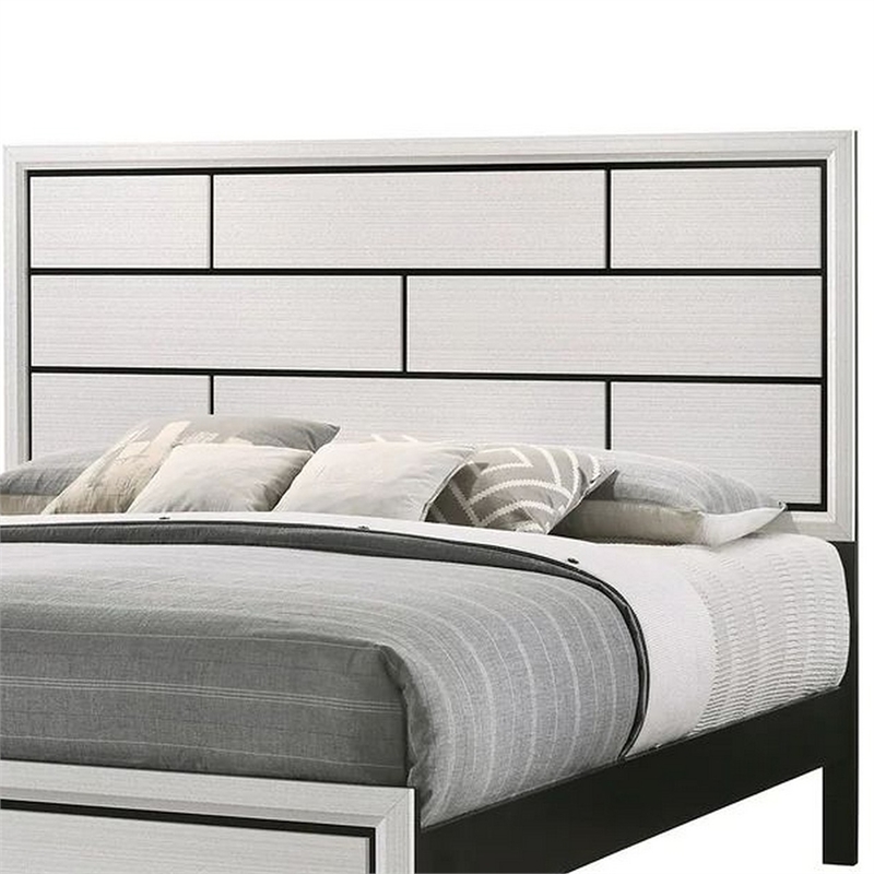 Benjara Asir King Size Bed- Geometric Panel Headboard- Modern White Wood Finish