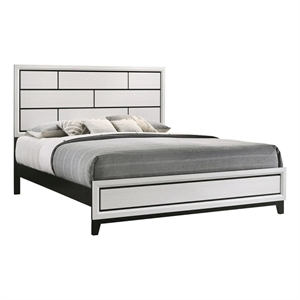 Benjara Asir King Size Bed- Geometric Panel Headboard- Modern White Wood Finish