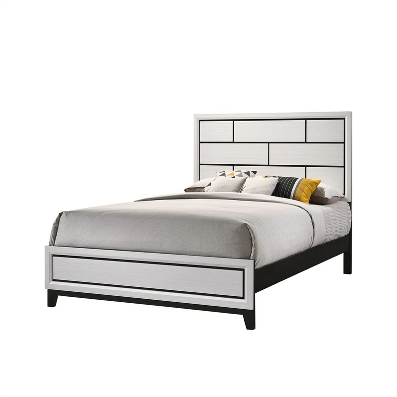 Benjara Asir Queen Size Bed- Geometric Panel Headboard- Modern White Wood Finish