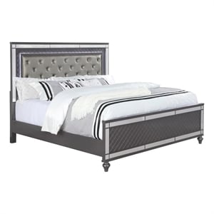 Benjara Reff King Size Bed- Button Tufted Gray Fabric - Modern Wood Panel