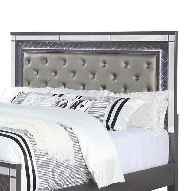 Benjara Reff Queen Size Bed- Button Tufted Gray Fabric Upholstery- Modern Wood
