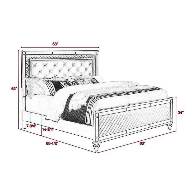 Benjara Reff Queen Size Bed- Button Tufted Gray Fabric Upholstery- Modern Wood