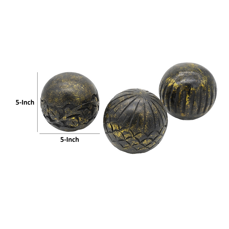 Benjara Set of 3 Decorative Tabletop Round Balls-Carved Mango Wood-Black-Yellow