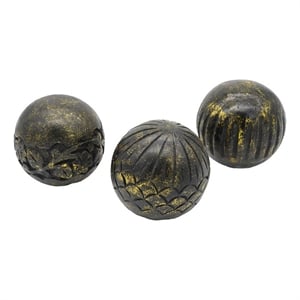 Benjara Set of 3 Decorative Tabletop Round Balls-Carved Mango Wood-Black-Yellow