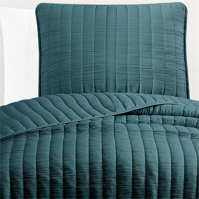 Benjara Elia Twin Contemporary Quilt Coverlet Set w/ Crinkle Texture- Teal Green