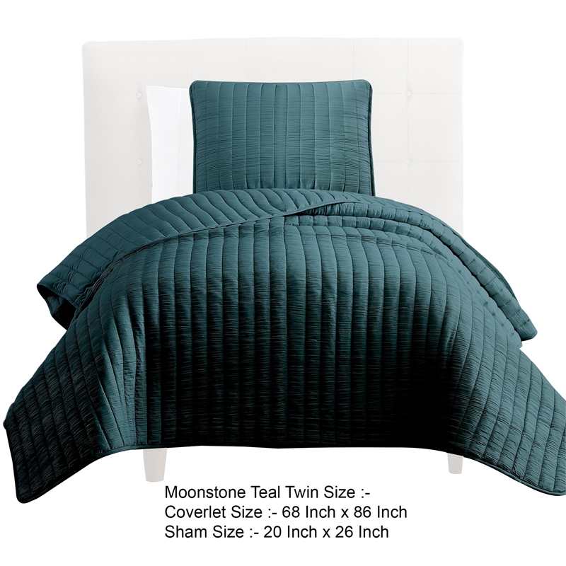 Benjara Elia Twin Contemporary Quilt Coverlet Set w/ Crinkle Texture- Teal Green