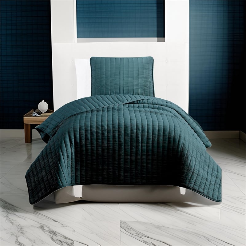 Benjara Elia Twin Contemporary Quilt Coverlet Set w/ Crinkle Texture- Teal Green