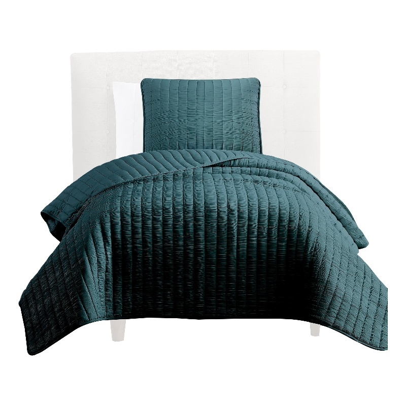 Benjara Elia Twin Contemporary Quilt Coverlet Set w/ Crinkle Texture- Teal Green